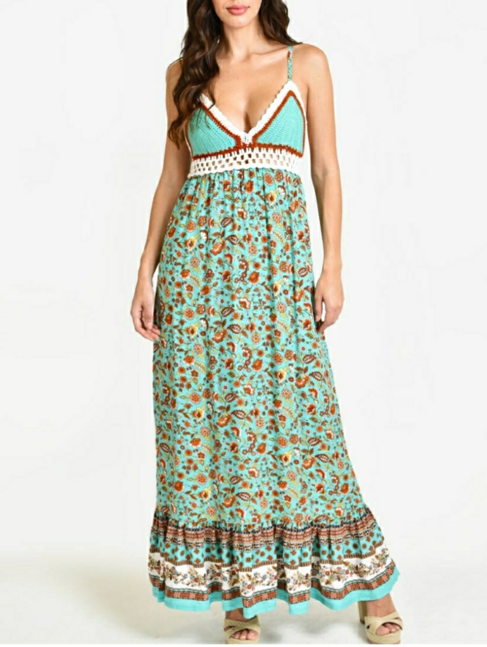 Allison & Kelly Crochet Babydoll Floral Bohemian Maxi Dress Size XS Beachy NWT